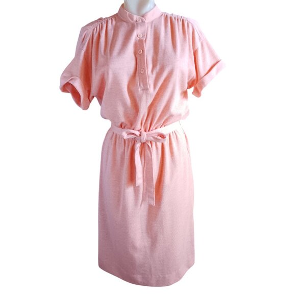 sz 10 Vintage Dress 80's Leslie Fay Salmon Pink Button-Up Belted Dress Stretch - Picture 1 of 6